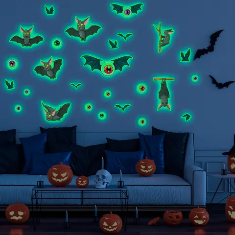 Halloween Luminous Bat And Eye Wall Stickers Glow In The Dark PVC Removable Decals For Living Room Cabinet Fridge