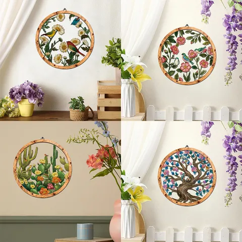 Wooden And Metal Wall Art Hanging Decor Pastoral Floral And Bird Round Wall Sculpture For Living Room Bedroom Home Decor