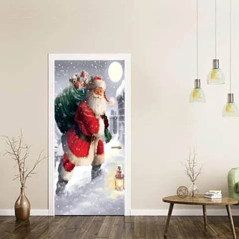 Pegatina de Puerta 3D de Navidad Papel Pintado Extraíble Papá Noel Escena de Nieve PVC Impermeable Decoración Salón Hogar