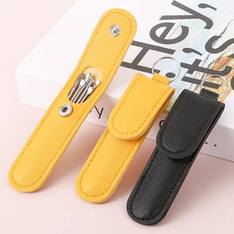 Portable Carbon Steel Ear Wax Removal Tool Kit Stainless Steel Spring Ear Spoon Set With Leather Case