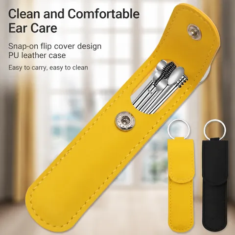 Portable Carbon Steel Ear Wax Removal Tool Kit Stainless Steel Spring Ear Spoon Set With Leather Case