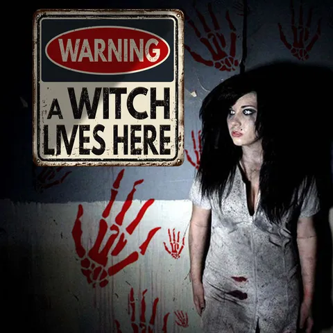 Halloween Warnschild Wandaufkleber Retro Metallplakette A Witch Lives Here Horror Party Heimdekoration Wasserdichter Aufkleber