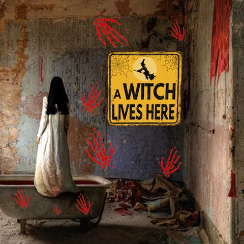 Halloween Witch Warning Metal Tin Sign Wall Sticker Retro Horror Party Home Decor Waterproof Wall Decal Festival Supplies