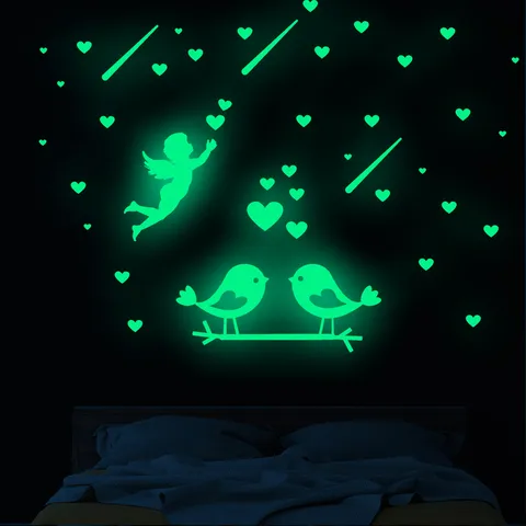 Stickers Muraux Bébé Ange en PVC Lumineux dans le Noir Amovibles Autocollants Fluorescents pour Salon Chambre Décoration de Maison
