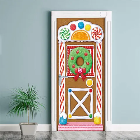 Noel Maison en Pain d'Epices Bonbons 3D Sticker de Porte Amovible Imperméable Peinture Murale Fete Decoration de Salon