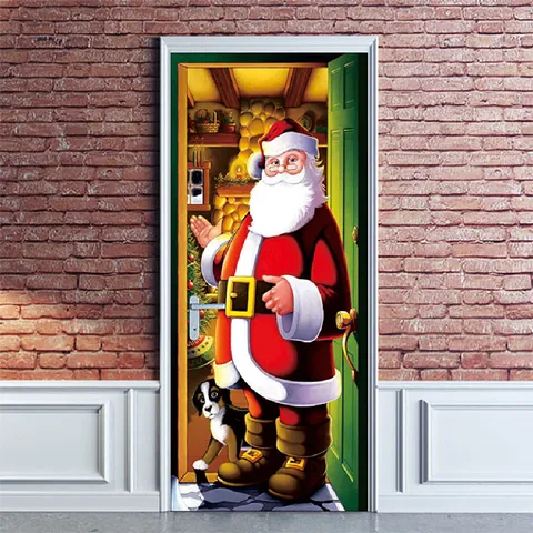 Noël Père Noël 3D Autocollant de Porte Imperméable Amovible Sticker Mural Decal Pour Chambre Salon Décoration de Vacances