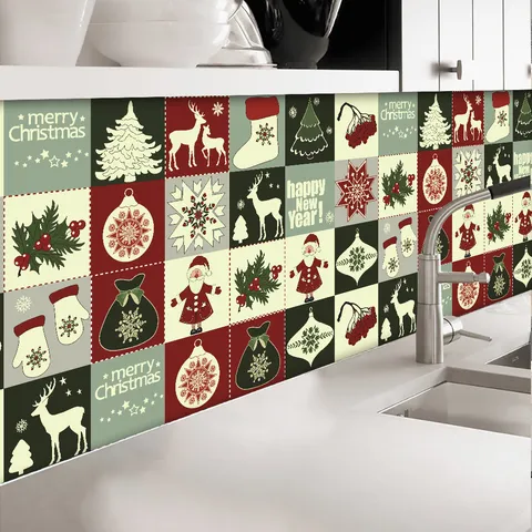 Adesivi per Piastrelle Impermeabili di Natalizi Autoadesivi Murali Cucina Bagno Casa Decorazioni Festive