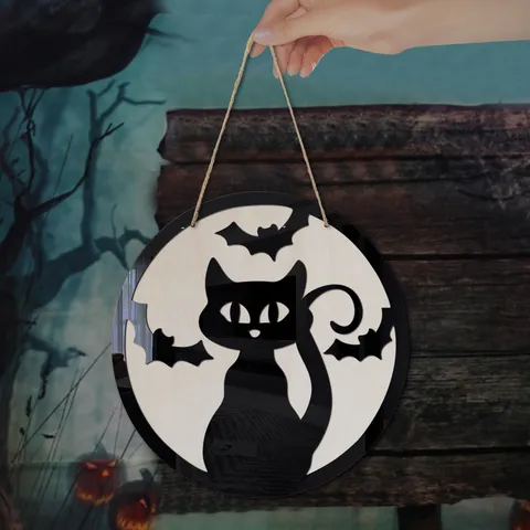 Cartello Sospeso in Legno di Halloween Strega Pipistrello Gatto Nero Decorazione Murale Targhetta Rotonda in Legno Con Corda di Canapa per Festa in Casa