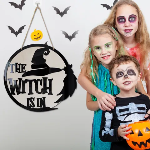 Cartello Sospeso in Legno di Halloween Strega Gatto Nero Decorazione Murale Con Corda e Gancio per Casa Stanza Festa
