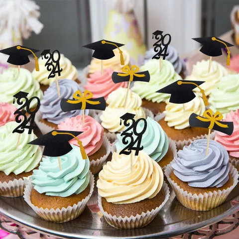 Graduation Cupcake Toppers Glitter Paper Graduation Cap Diploma Cake Decorations For Graduation Party Birthday Celebration
