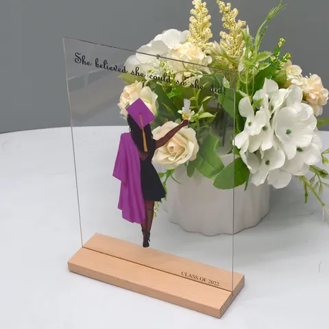 Graduation Acrylic Display Stand Clear Desktop Ornament with Wooden Base Handwritten Message Board