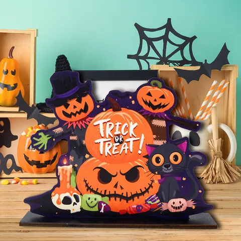 Ξύλινη Επιτραπέζια Διακόσμηση Halloween Κολοκύθα Φάντασμα Mάγισσα Χάρος Εορταστική Διακόσμηση Κέντρου Τραπεζιού για Πάρτι Σπιτιού
