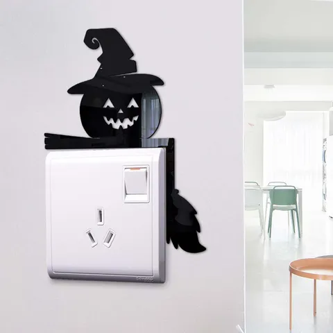 Schwarzes Acryl Halloween Wandaufkleber Hexe Kürbis Schalter Aufkleber Spiegel Aufkleber Heimdekoration Partybedarf