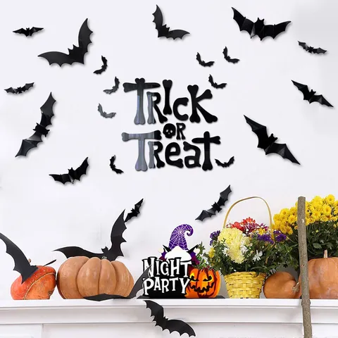 Halloween Trick Or Treat Letter Mirror Wall Sticker 3D Bat Acrylic Decals Festival Party Home Wall Decor