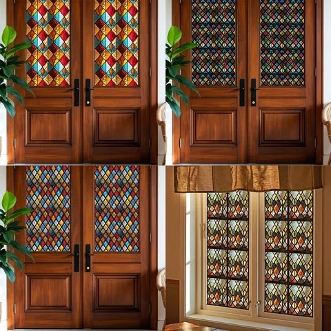 Retro Kleurrijke Steen Patroon Statische Raamsticker Verwijderbare Geometrische Glasfolie Voor Thuis Kantoor Decor