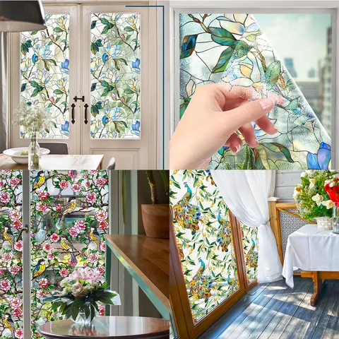 Adhesivo de Vidrio Electrostático Decorativo para Ventana de Hogar Patrón de Flores y Pájaros Película de Vidrio Vitral Impermeable Privacidad