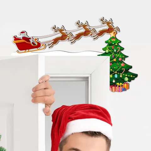 Wooden Christmas Santa Claus Reindeer Sleigh Door Corner Sticker Festive Home Wall Decor