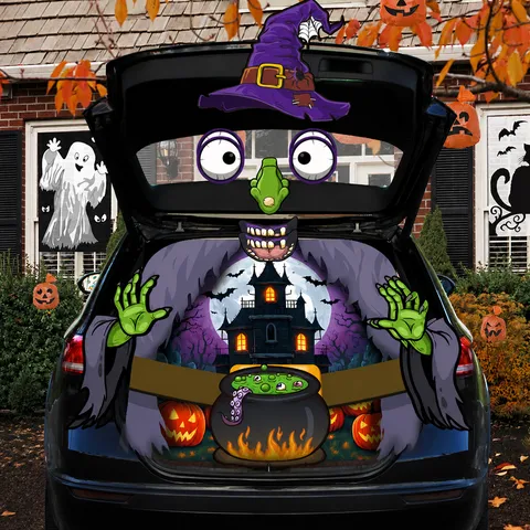 Pegatina de Puerta de Garaje de Halloween PVC Caldero de Bruja Adhesivo de Pared Decoración de Maletero de Coche