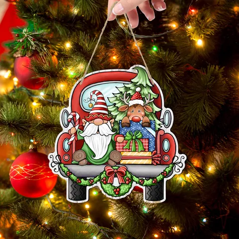Panneau Suspendu en Bois de Noel Camion Vintage Rouge Pere Noel Renne Decoration Murale de Porte de Vacances Fete