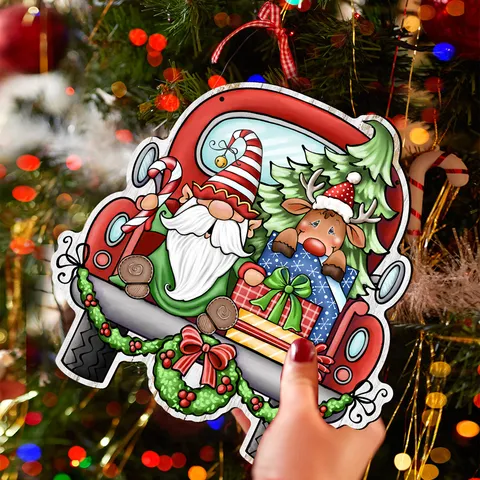 Panneau Suspendu en Bois de Noel Camion Vintage Rouge Pere Noel Renne Decoration Murale de Porte de Vacances Fete