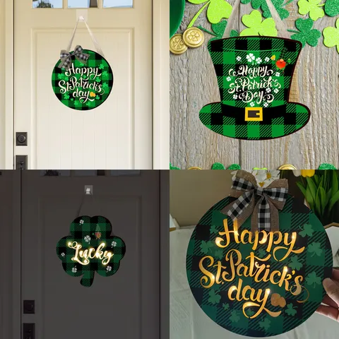 Pancarte Suspendue en Bois de Saint-Patrick et de Pâques LED Plaque Trèfle Gnomo Décoration Murale Maison