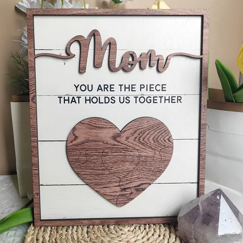Mother's Day Wooden Tabletop Display Stand Heart Puzzle Desktop Ornament With Whiteboard Pen Warm Home Decor Gift