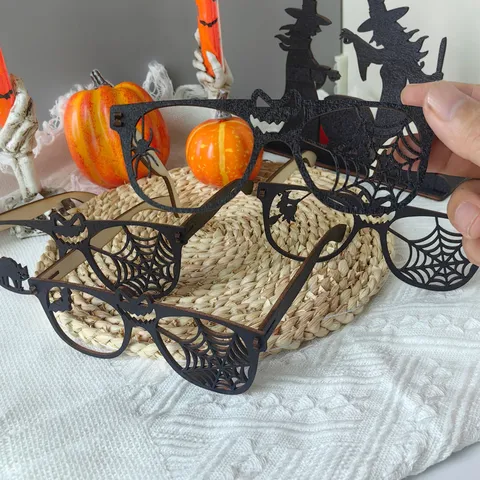 Hölzerne Halloween Party Deko Brille Spinnennetz Fledermaus Schwarze Katze Hexe Hohle Brille Festliche Foto Requisiten