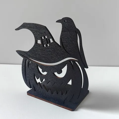 Halloween Wooden Hollow Tabletop Ornament LED Projection Candle Holder Desktop Party Decoration Props