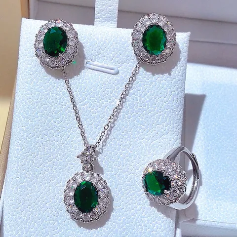 Set di Gioielli in Rame e Zirconia da Donna Anello Orecchini Collana con Pendente in Cristallo Ovale Verde Rosso Accessorio Elegante