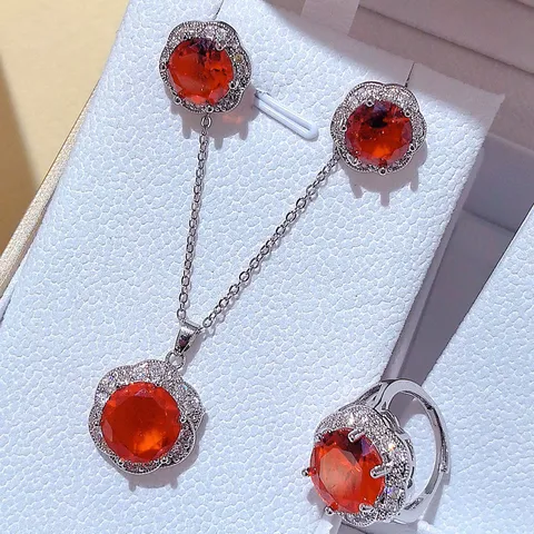 Set di Gioielli a Fiore in Rame e Zirconia di Lusso per Donna Orecchini Pendente Collana Anello Aperto con Pietre Colorate