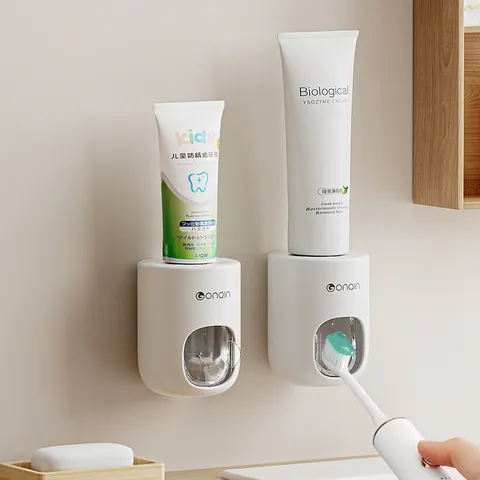 Wall Mounted Automatic Toothpaste Dispenser Plastic No Drilling Squeezer With Dustproof Cover For Bathroom Home Restroom Decor