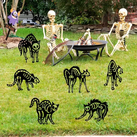 Halloween Gato Esqueleto Estaca de Jardín de Metal Negro Hueco Patio Césped Exterior Letrero Decorativo Adorno de Fiesta Terrorífica