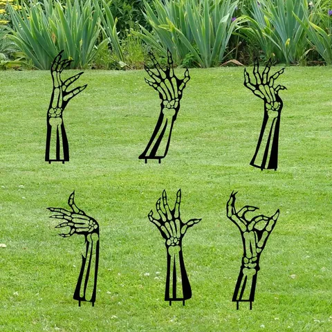 Halloween Mano de Esqueleto Estacas de Metal para Suelo Silueta Negra Arte de Hierro Patio Jardín Césped Exterior Siniestro Fiesta Decoración Accesorios