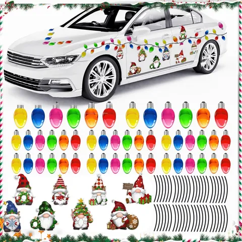 Christmas Magnetic Reflective Light Bulbs Car Decals Gnome Santa Claus Refrigerator Stickers Holiday Party Home Decor