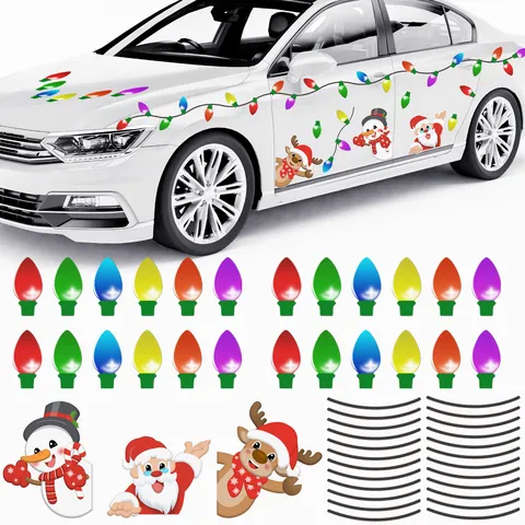 Christmas Magnetic Reflective Light Bulbs Car Body Decals Snowman Santa Claus Refrigerator Stickers Holiday Party Decor