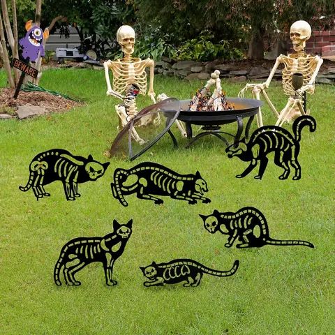 Halloween Gato Esqueleto Estaca de Suelo de Metal Arte de Hierro Jardín Exterior Patio Fiesta Decoración