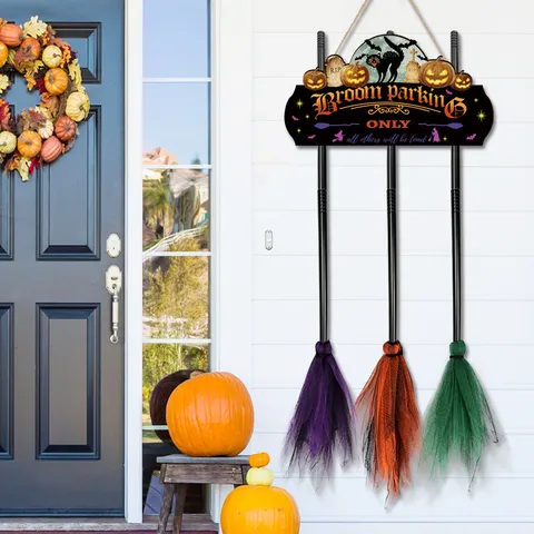Halloween Bruja Escoba Señal De Aparcamiento Colgante De Madera Fiesta De Terror Hogar Pared Puerta Interior Exterior Decoración Festiva