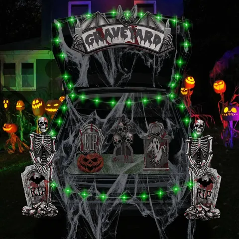Halloween Car Trunk Decoration Set Skull Tombstone Spider Web PVC Props For Halloween Party Garage Decor