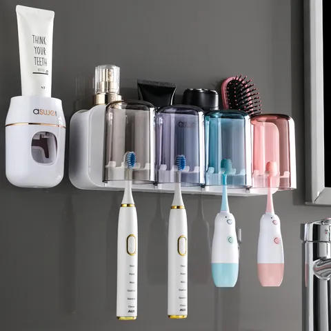Wandmontiertes Zahnbürstenhalter Set Ohne Bohren Badezimmer Organizer Mit Zahnpastaspender Und Mundspülbechern
