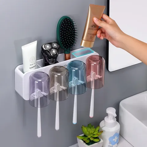Wandmontiertes Zahnbürstenhalter Set Ohne Bohren Badezimmer Organizer Mit Zahnpastaspender Und Mundspülbechern