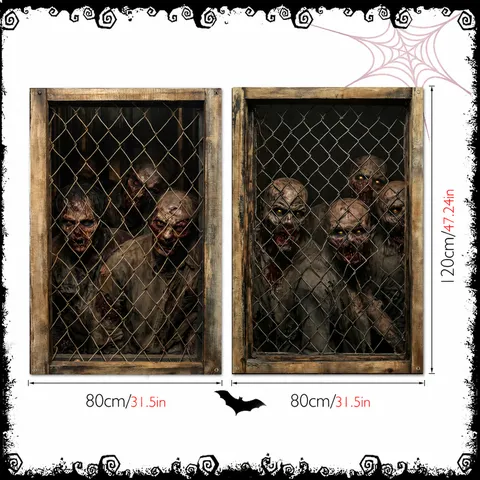 Halloween Horror Zombie Fake Window Cloth Wall Sticker With Black Ribbon Scary Party Home Room Decor