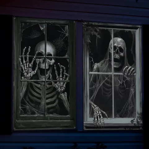 Halloween Horror Fake Window Backdrop Decoration Skeleton Spiderweb Cloth Tapestry