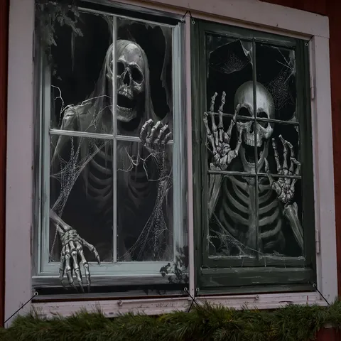 Halloween Horror Fake Window Backdrop Decoration Skeleton Spiderweb Cloth Tapestry