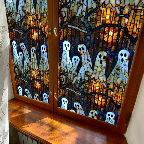 Halloween Window Stickers Pumpkin Ghost Skeleton Stained Glass PVC Decals Static Cling Window Film For Holiday Home Decor