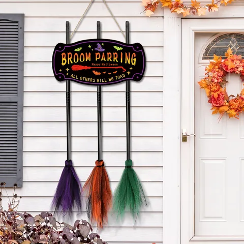 Halloween Witch Broom Parking Sign Wooden Hanging Plaque Decorative Sign For Festival Party Home Wall Decor