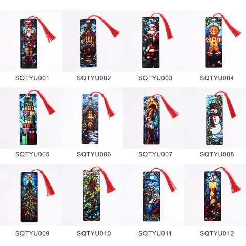 Christmas Acrylic Bookmark Stained Glass Transparent Book Mark With Red Tassel