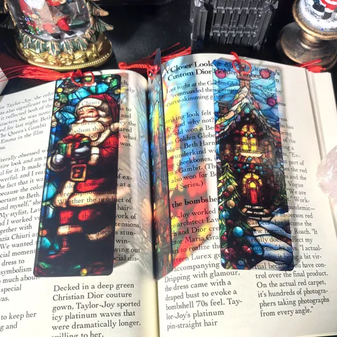 Christmas Acrylic Bookmark Stained Glass Transparent Book Mark With Red Tassel