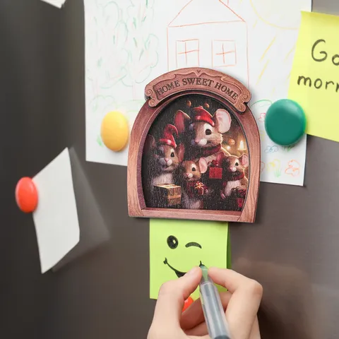 Wooden Christmas Mouse Hole Magnetic Fridge Sticker Home Decor 3D Refrigerator Magnet Cute Holiday Ornament