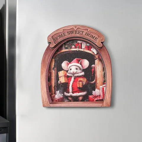 Wooden Christmas Mouse Hole Magnetic Fridge Magnet 3D Cute Refrigerator Sticker Home Kitchen Holiday Party Decor