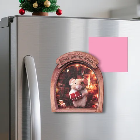 Christmas Wooden Mouse Hole Magnetic Refrigerator Sticker 3D Cute Cartoon Animal Fridge Decor Home Kitchen Ornament Gift
